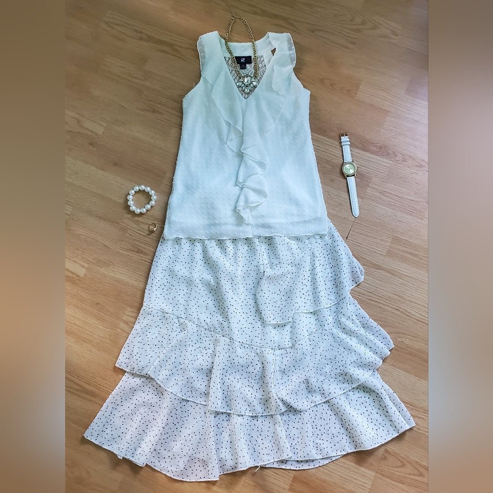 Warm White Tiered Ruffled Maxi Skirt with Brown Tear Drop Print, XS